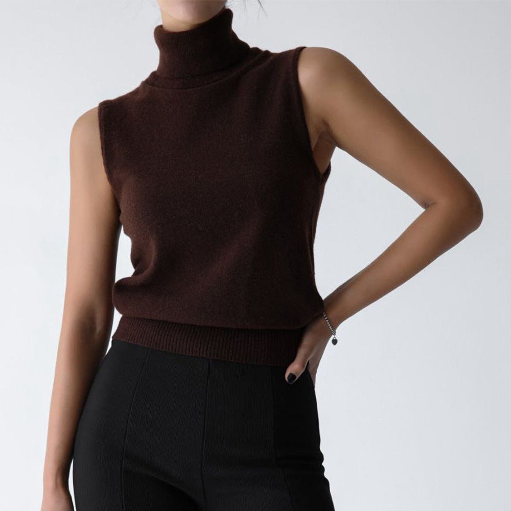 Women's Sleeveless Wool Roll Neck - Brown