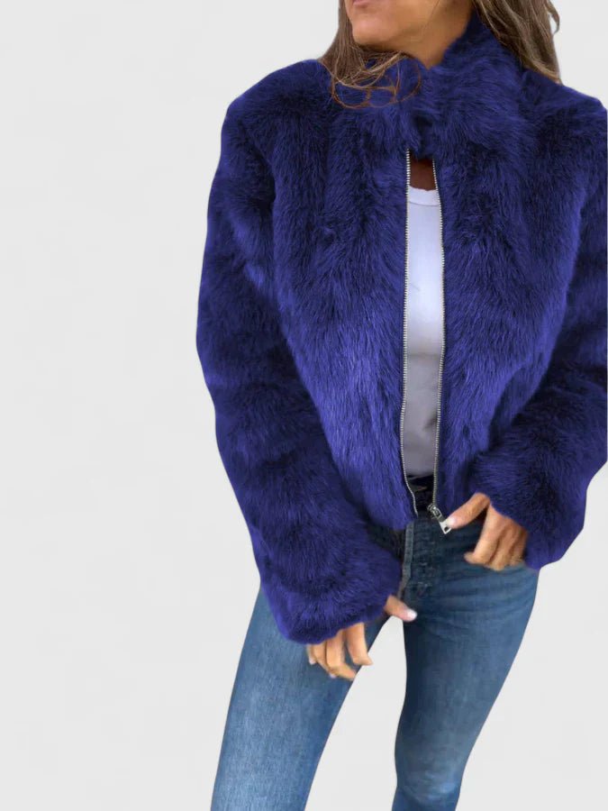 Women's Cropped Faux Fur Jacket - Blue