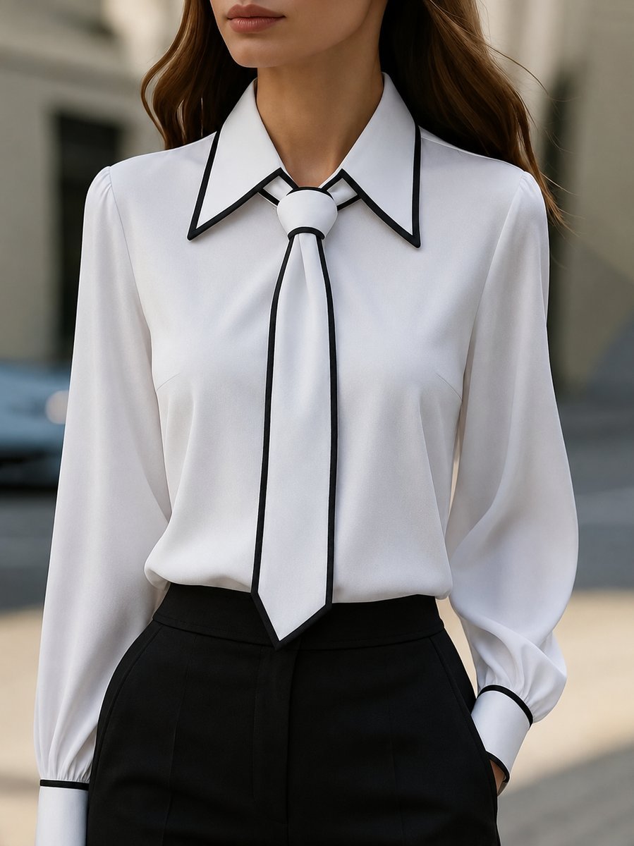 Women's Work Tie-Neck Satin Long Sleeve Blouse - White
