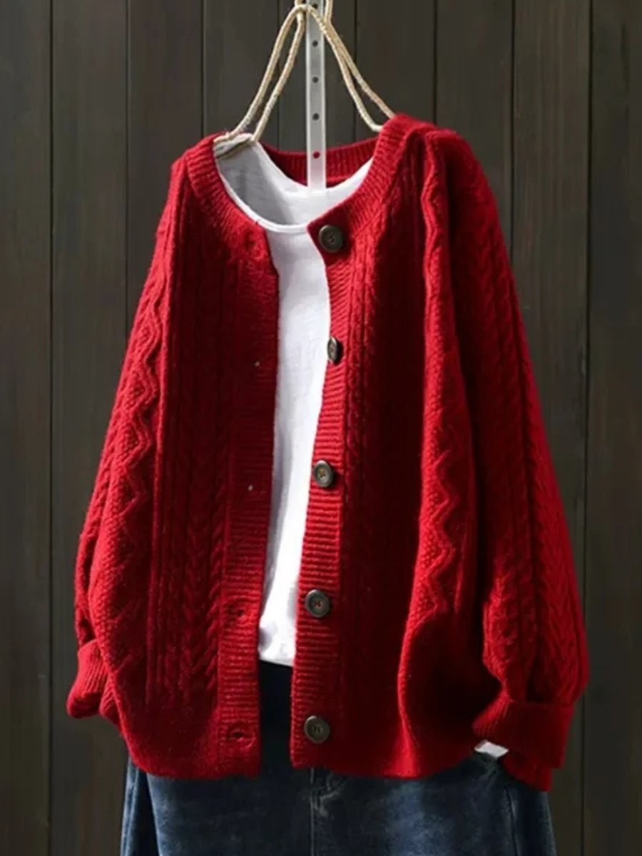 Women's Chunky Oversized Cable Knit Wool Cardigan - Red