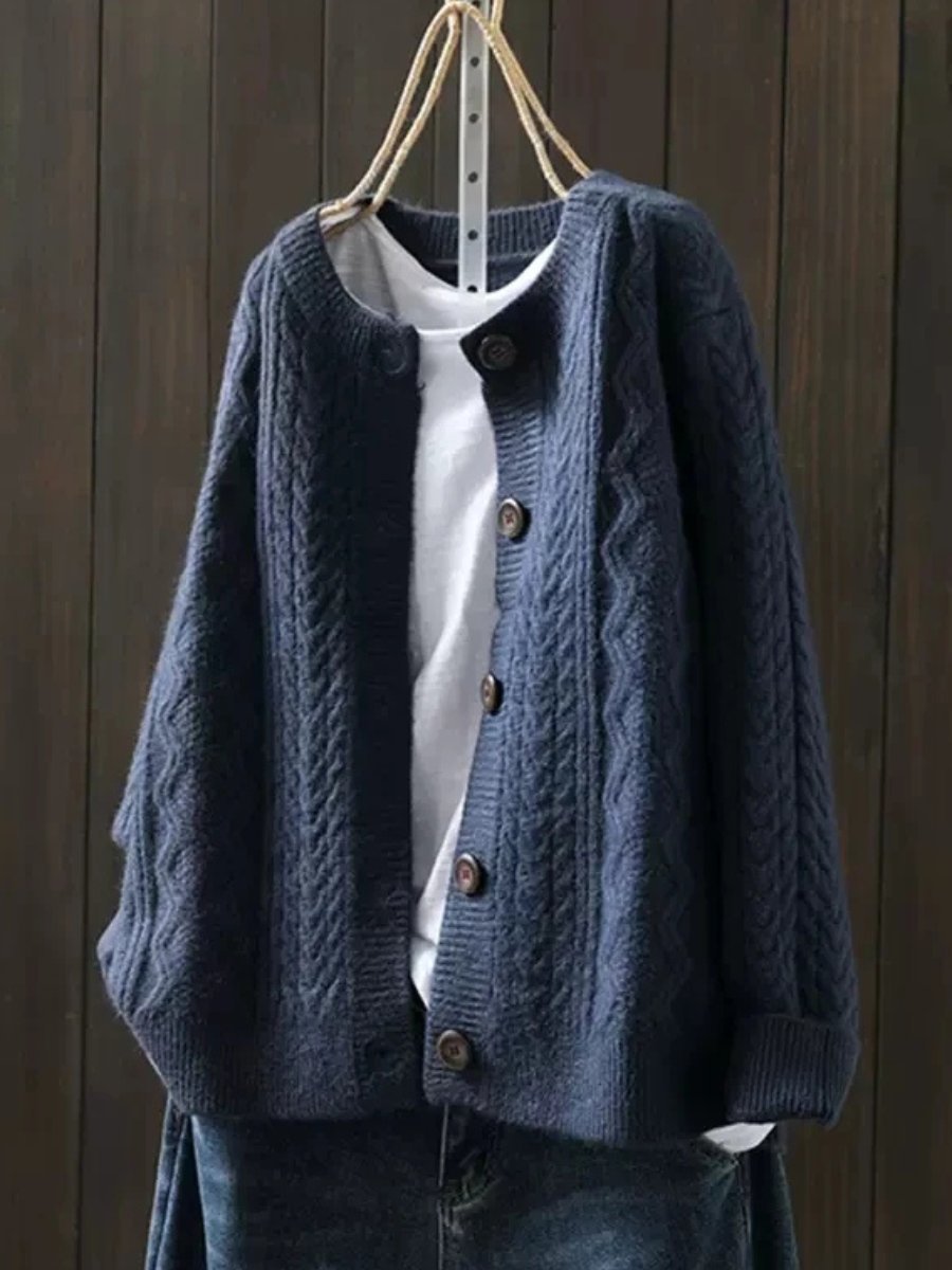 Women's Chunky Oversized Cable Knit Wool Cardigan - Navy Blue
