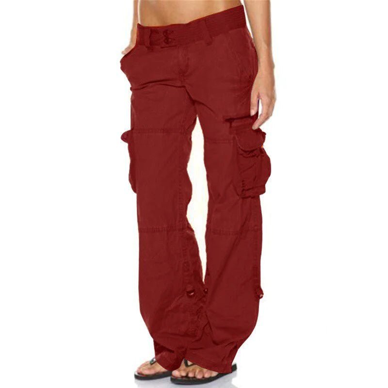Women's Black Cargo Straight-Leg Trousers - Red