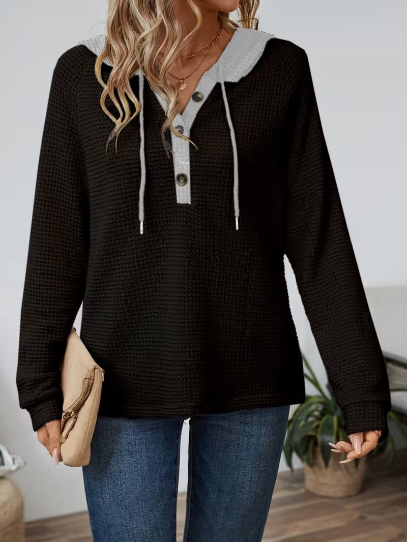 Women's Waffle Knit Hooded Henley Long Sleeve Top - Black