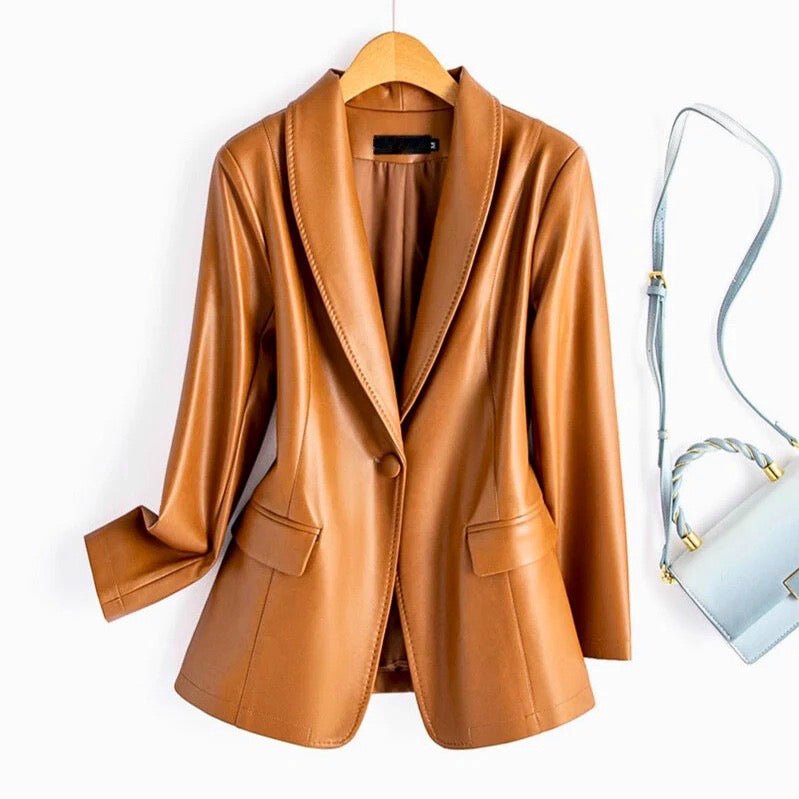 Women's Faux Leather Blazer - Brown