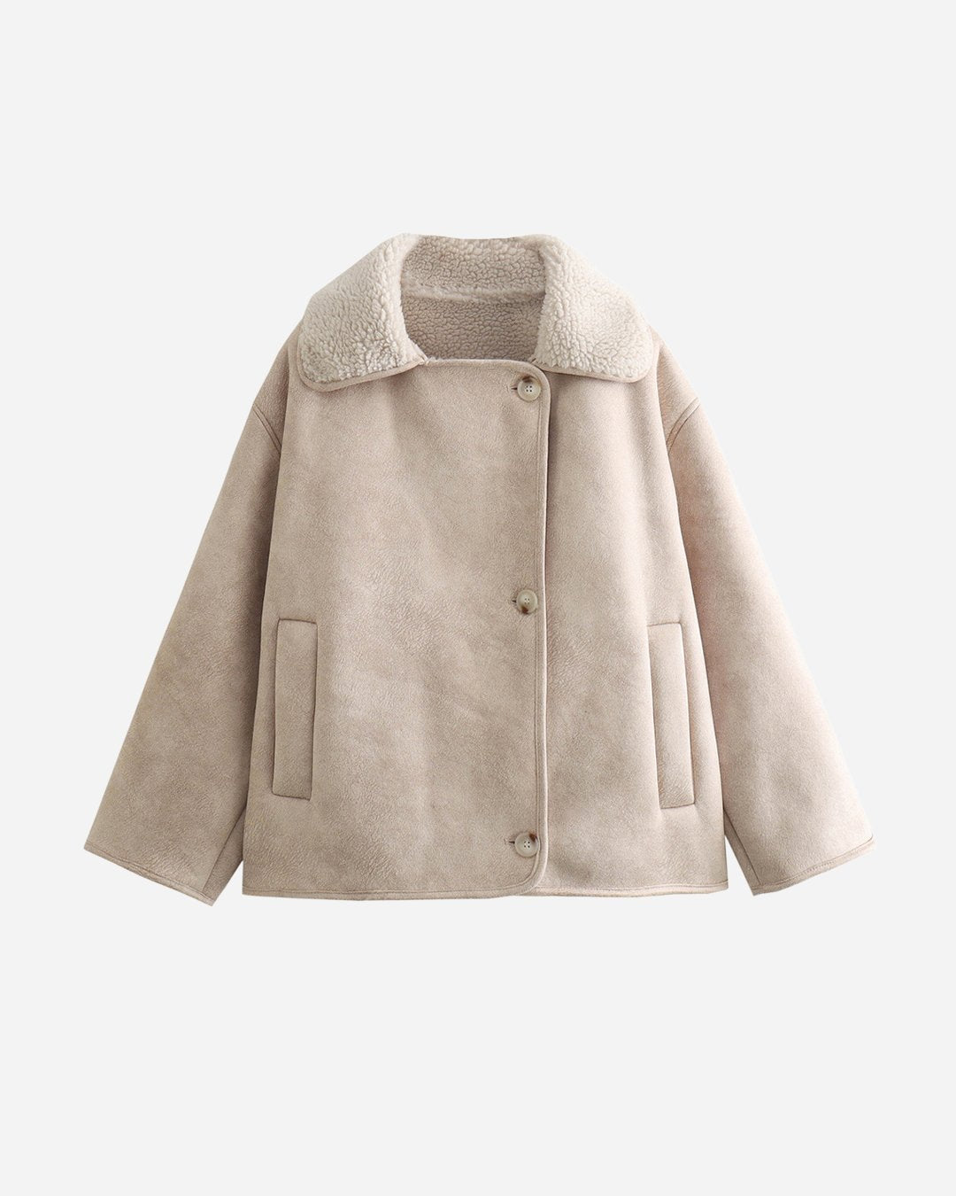 Women's Oversized Suede Moto Teddy Leather Jacket - Beige