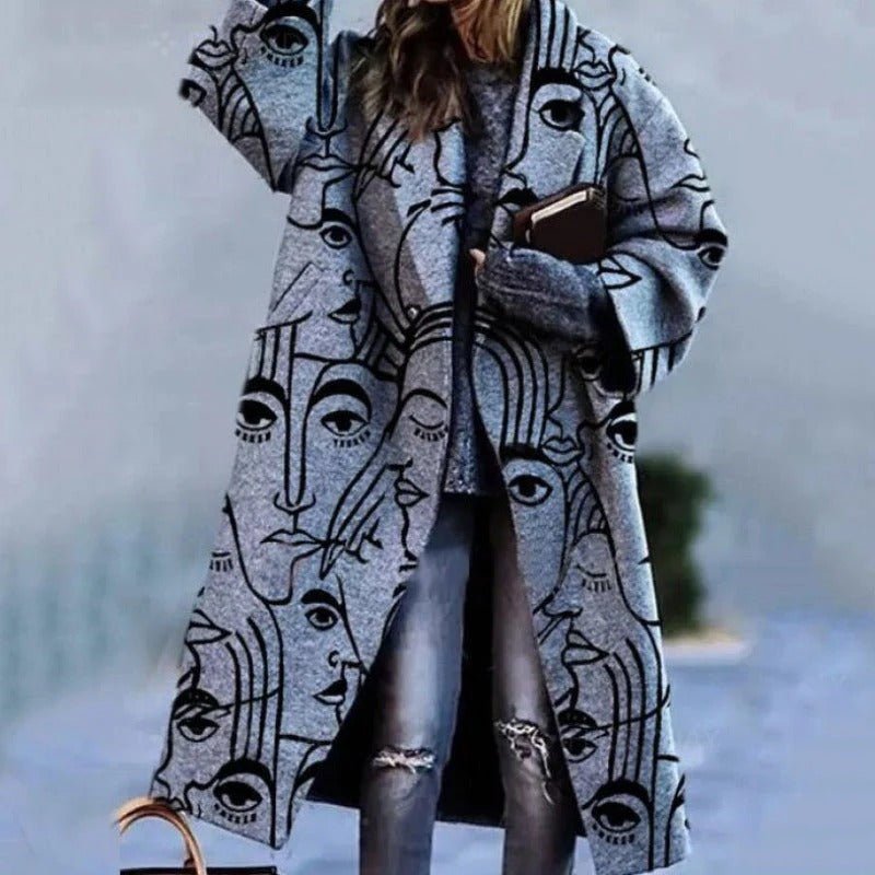 Women's Oversized Plaid Longline Wool Coat - Gray-Black