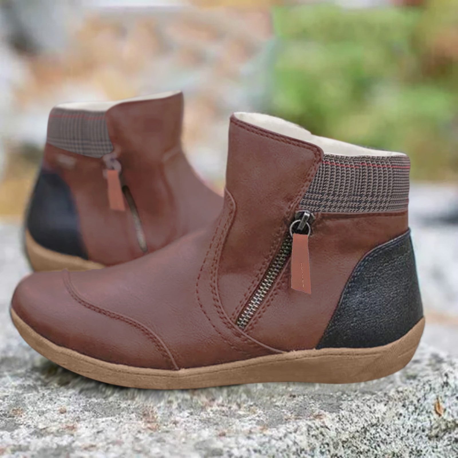 Women's Plaid Faux Leather Winter Ankle Boots - Brown