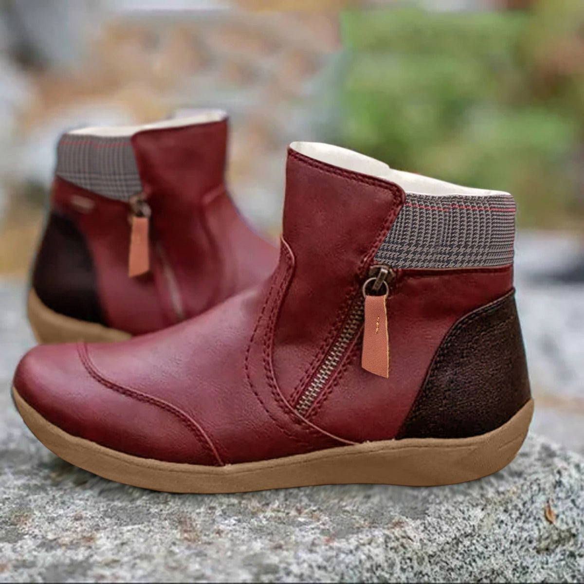 Women's Plaid Faux Leather Winter Ankle Boots - Red