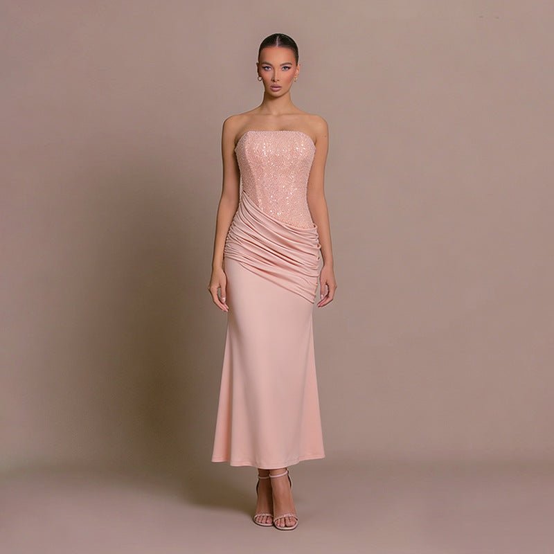 Women's Sequined Mermaid Strapless Maxi Party Gown - Pink