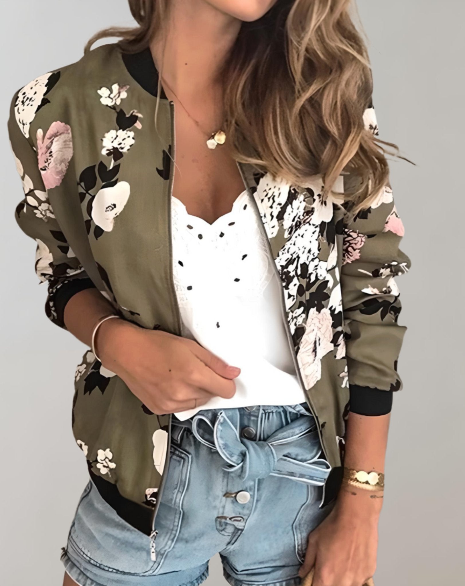 Women's Floral Bomber Jacket - Army Green