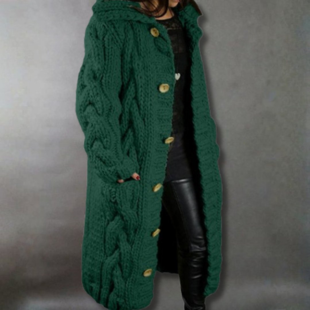Women's Oversized Cable-Knit Cardigan Hooded Longline Coat - Green