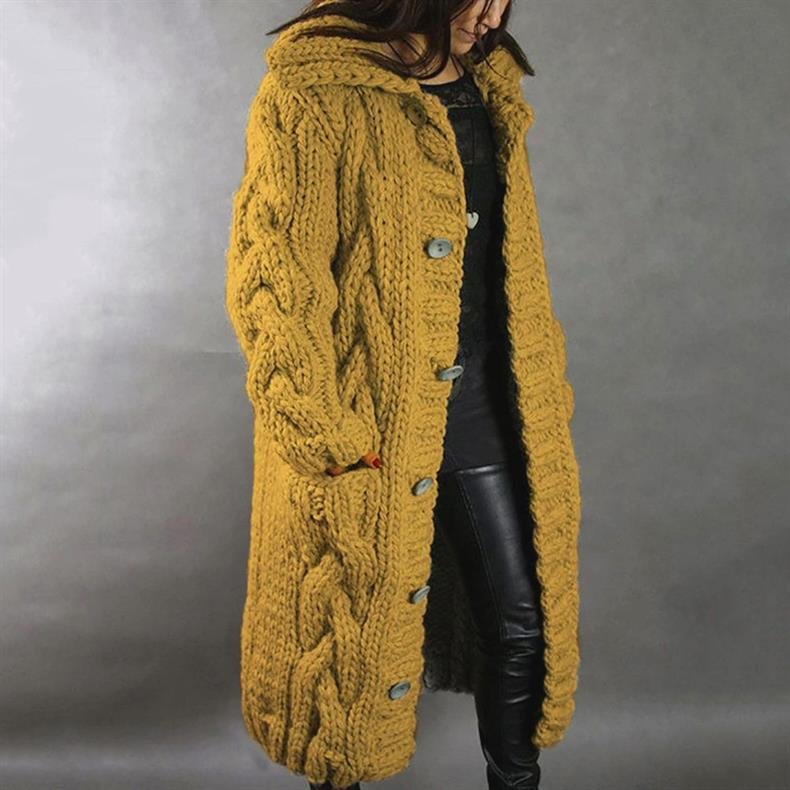 Women's Oversized Cable-Knit Cardigan Hooded Longline Coat - Yellow