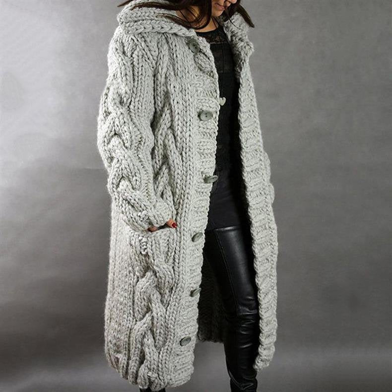 Women's Oversized Cable-Knit Cardigan Hooded Longline Coat - Grey