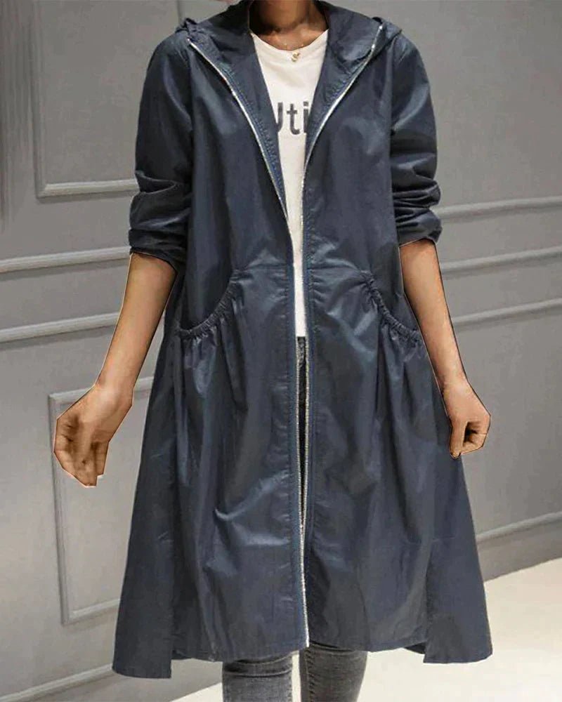 Women's Hooded Longline Trench Coat - Dunkelblau