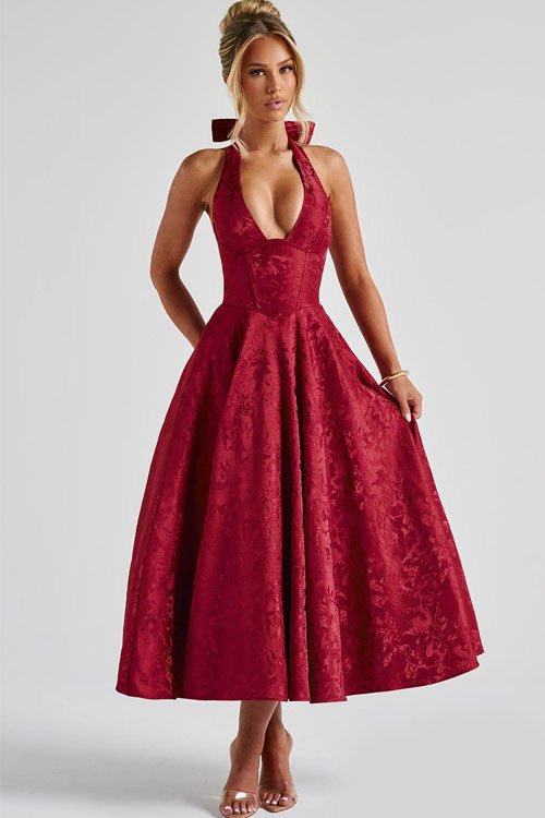Women's Halter Party Midi Dress - Wine Red