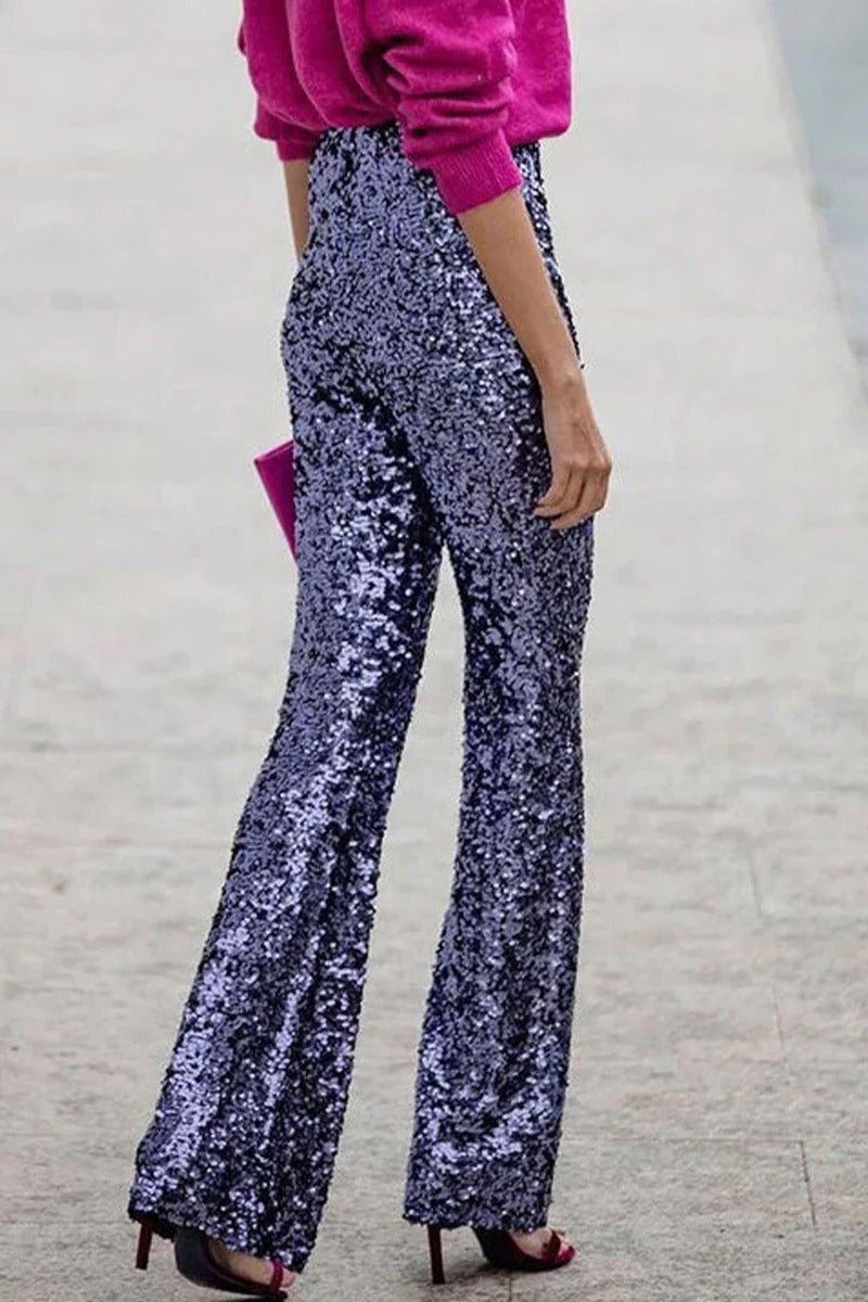 Women's High-Waisted Sequin Flare Trousers - Dark Blue
