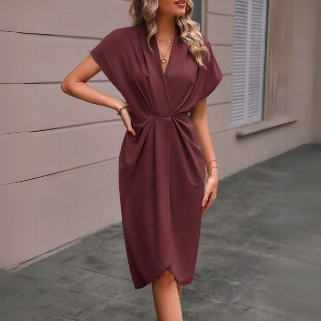Women's Black Satin Wrap Midi Party Dress - Brown