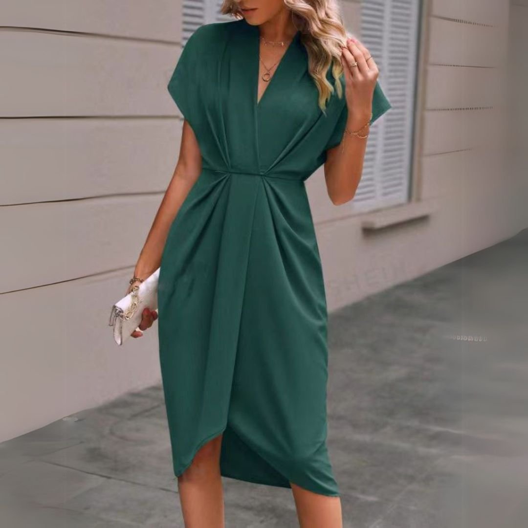 Women's Black Satin Wrap Midi Party Dress - Green