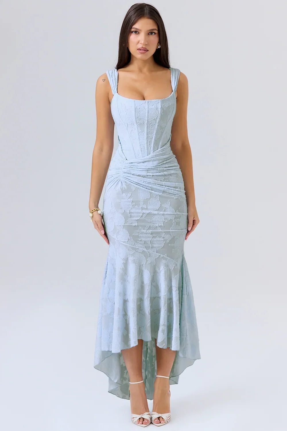 Women's Floral Square Neck Bodycon Party Dress - Blue