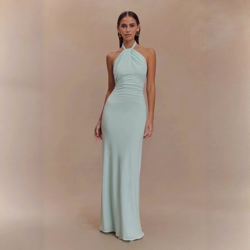 Women's Halter Bodycon Maxi Party Gown - Cyan