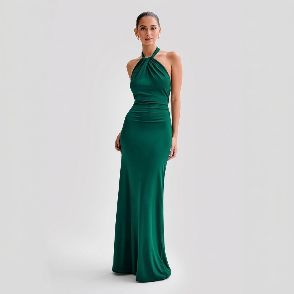 Women's Halter Bodycon Maxi Party Gown - Dark Green