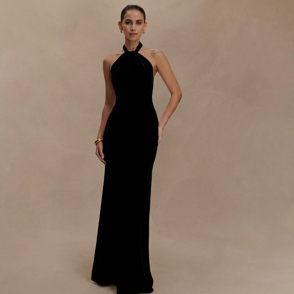 Women's Halter Bodycon Maxi Party Gown - Black