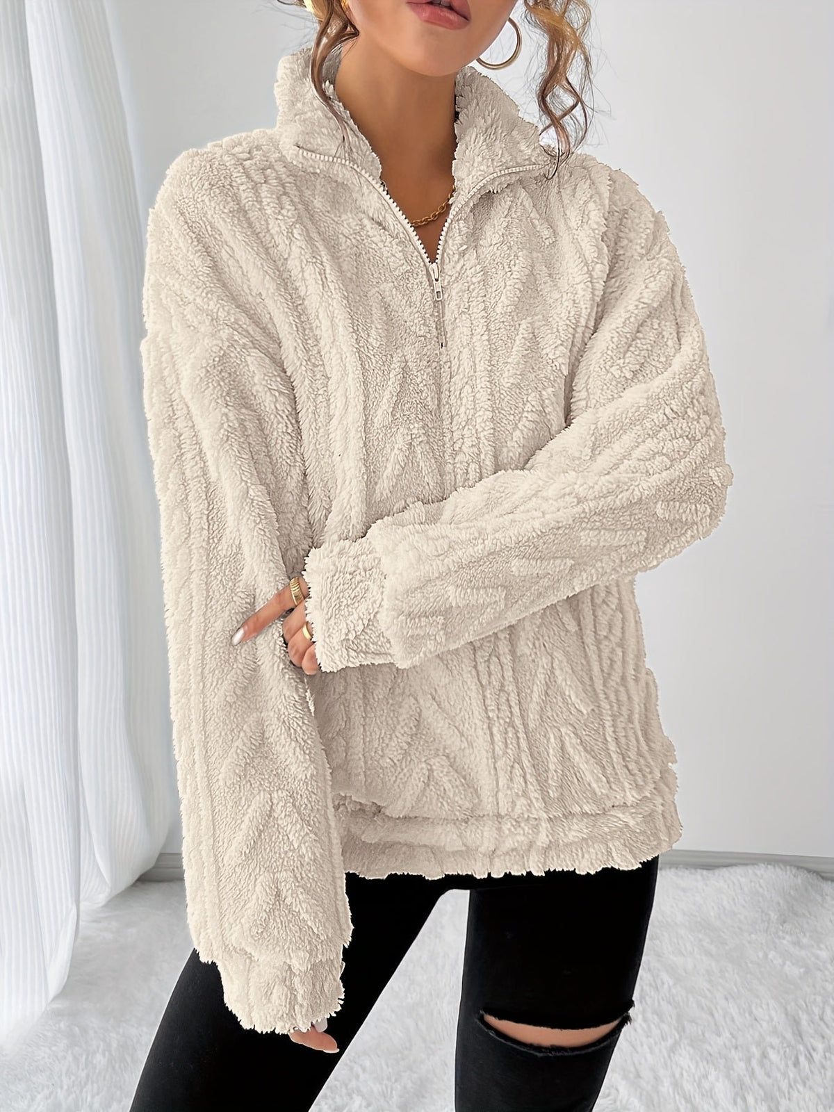 Women's Oversized Quarter-Zip Fleece Cable Knit Jumper - Cream