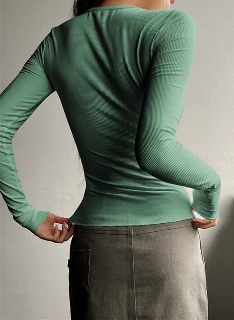 Women's Fitted Ribbed Long Sleeve Henley Top