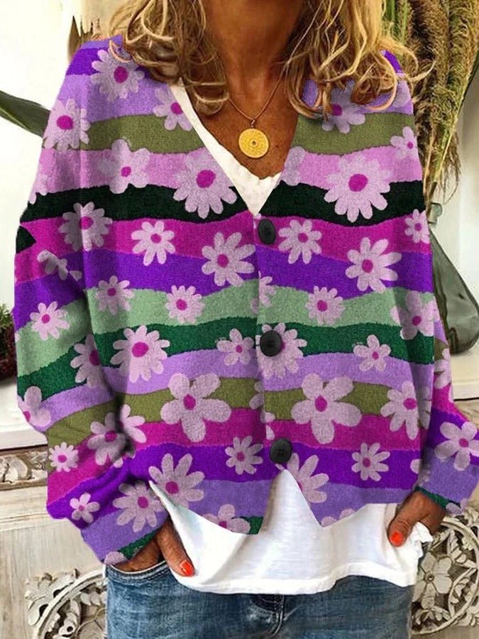 Women's Oversized Floral V-Neck Cardigan - Purple