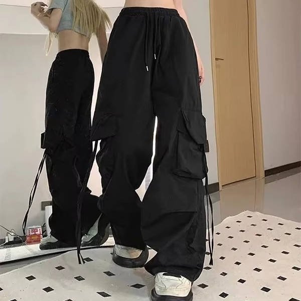 Women's Black Cargo Wide-Leg Trousers - Black