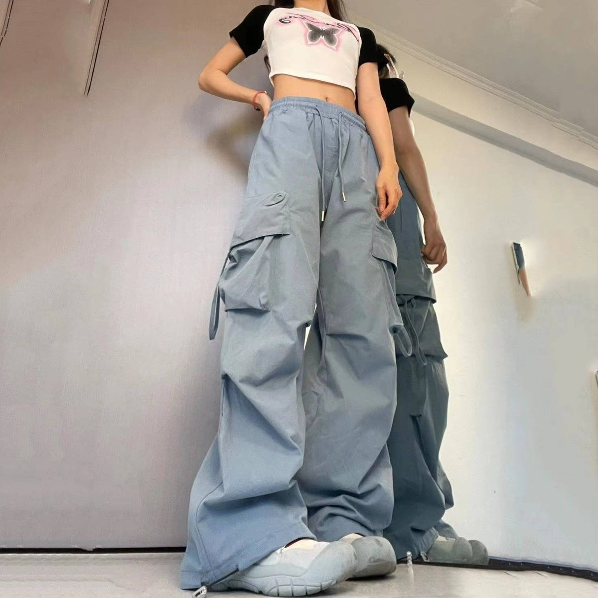 Women's Black Cargo Wide-Leg Trousers - Blue