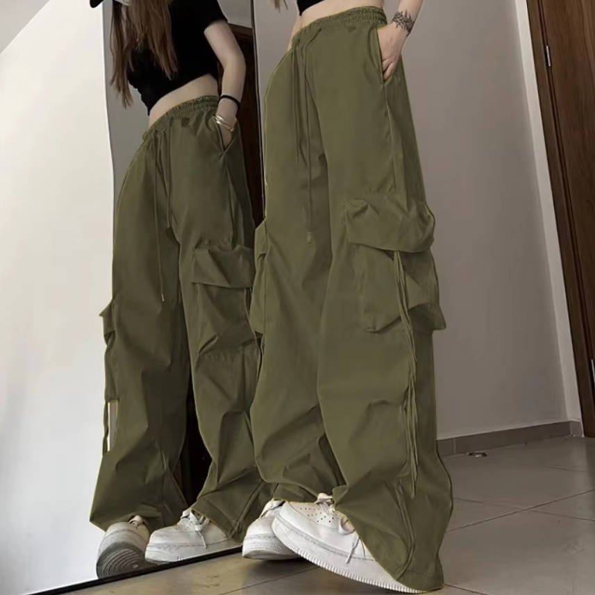 Women's Black Cargo Wide-Leg Trousers - Army Green