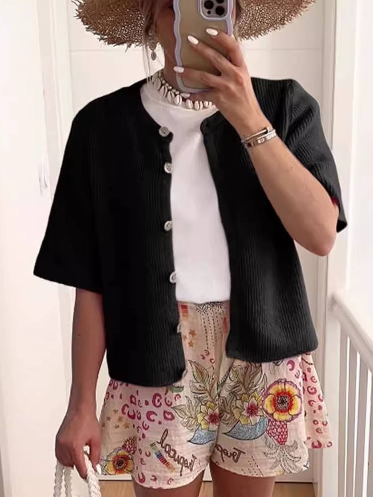 Women's Oversized Cropped Ribbed Cardigan - Black