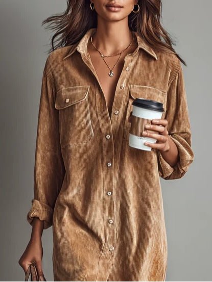 Women's Oversized Corduroy Long Sleeve Midi Dress