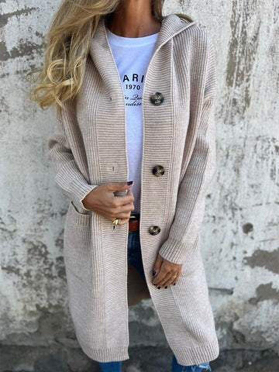 Women's Knit Ribbed Longline Hooded Cardigan - Apricot