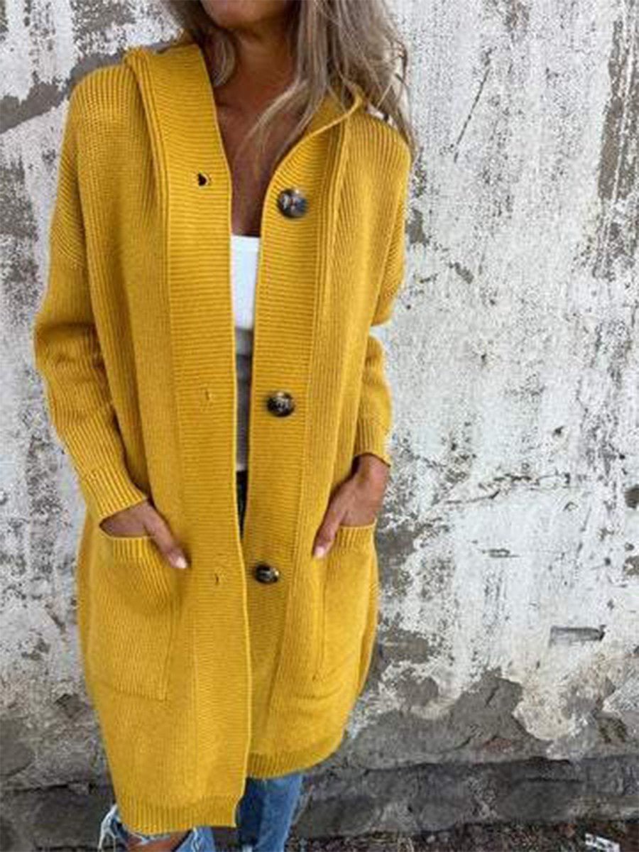 Women's Knit Ribbed Longline Hooded Cardigan - Yellow