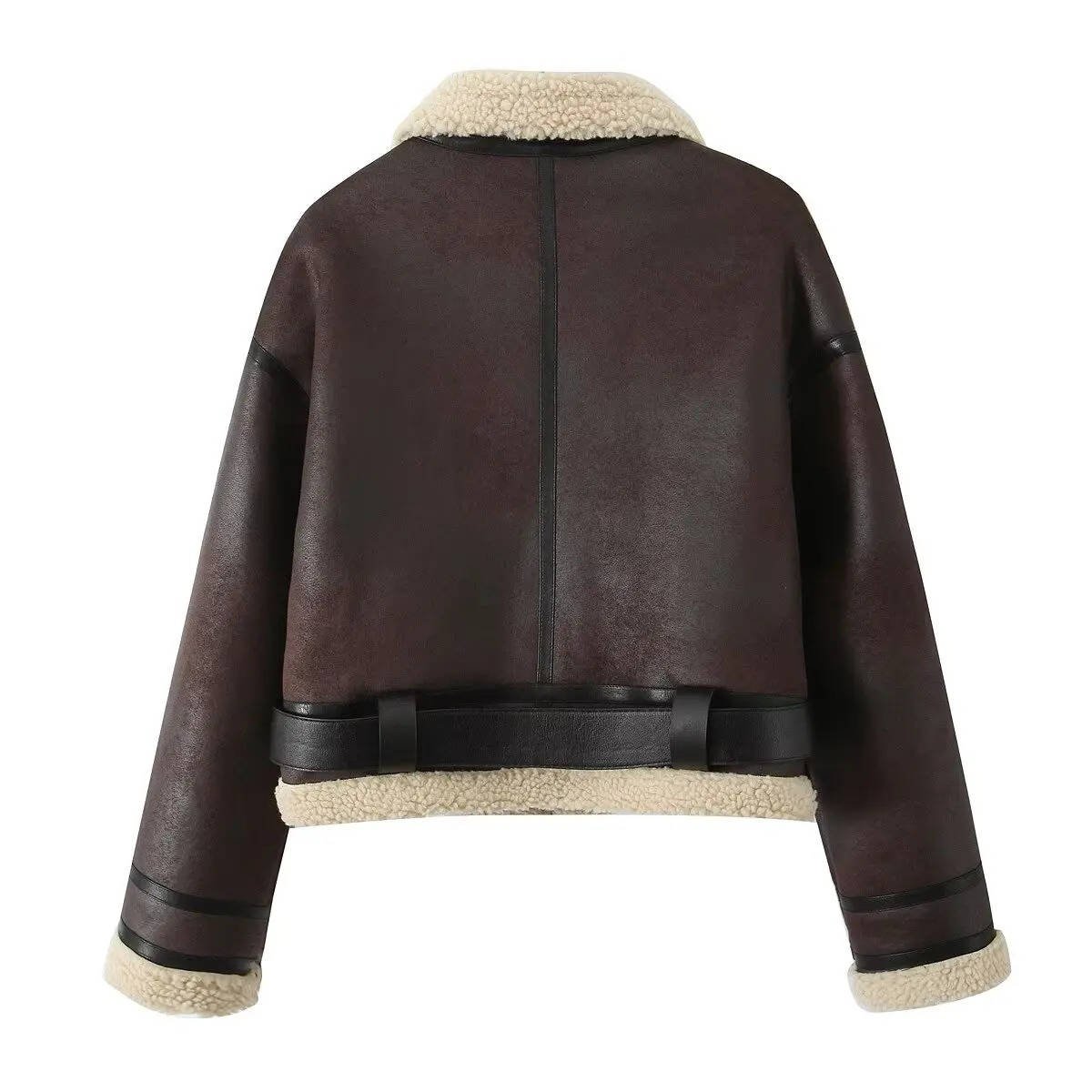 Women's Lined Moto Belted Shearling Leather Jacket