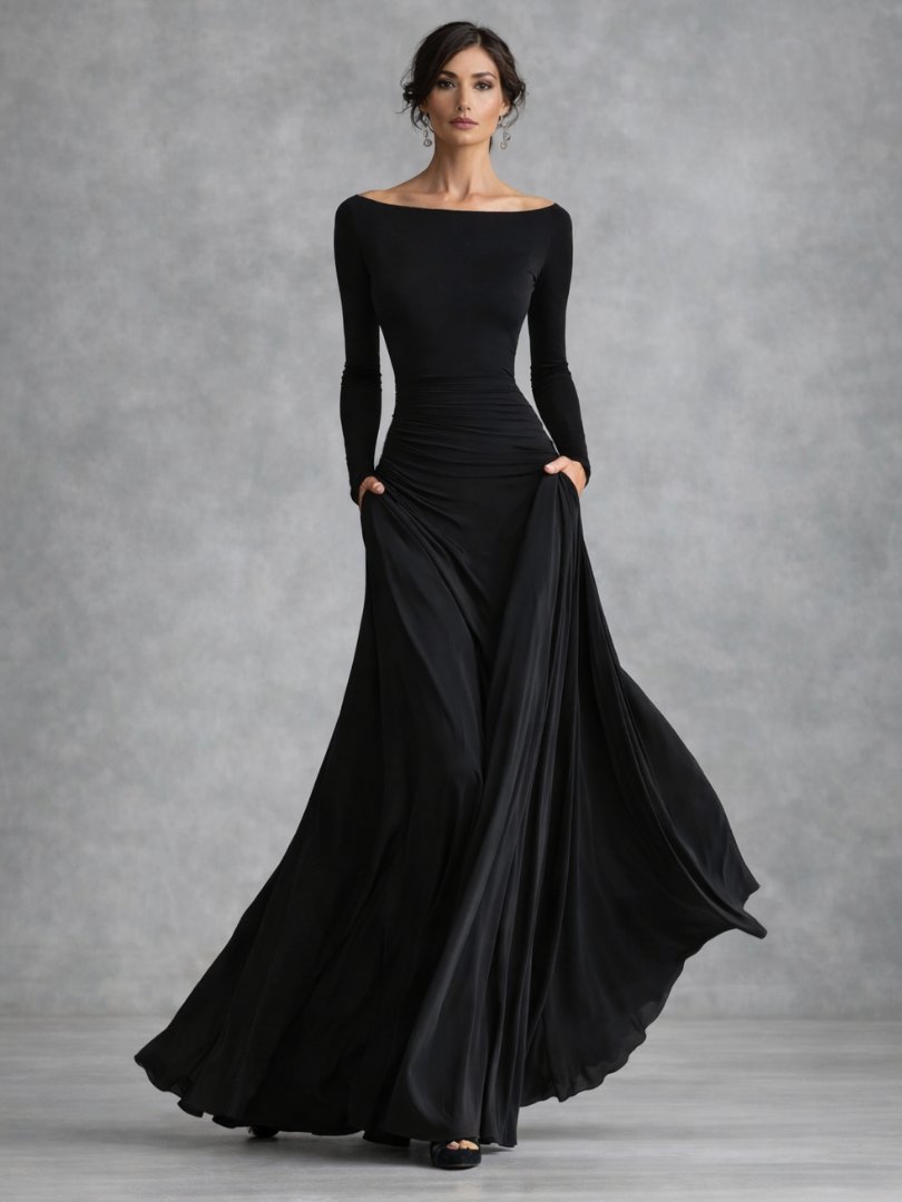 Women's Black Evening Off-Shoulder Maxi Party Gown - Black