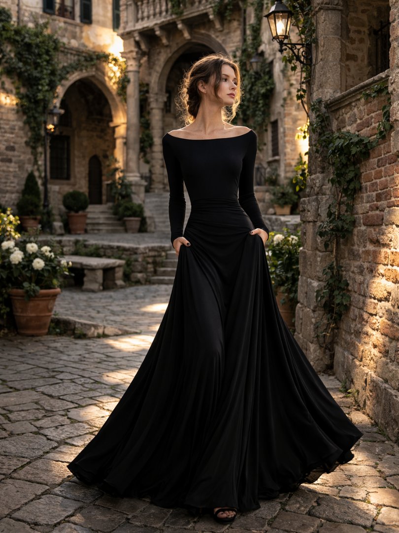 Women's Black Evening Off-Shoulder Maxi Party Gown