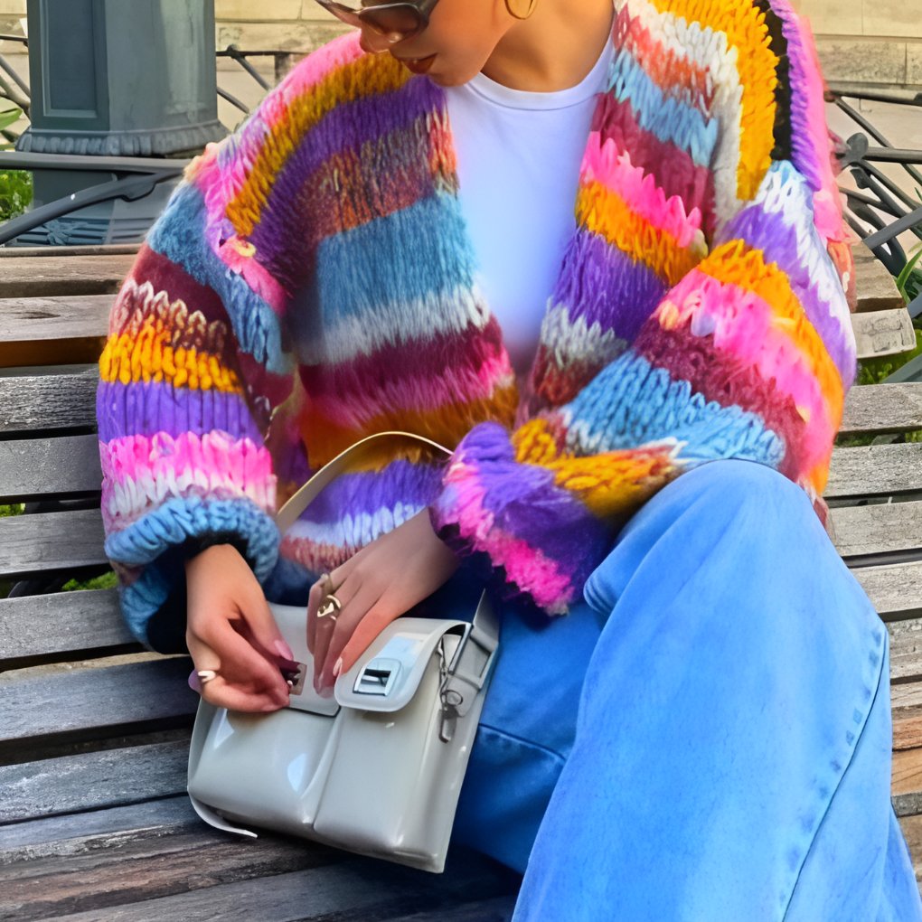Women's Chunky Oversized Striped Cardigan - Purple