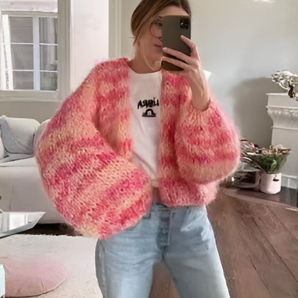 Women's Chunky Oversized Striped Cardigan - Pink