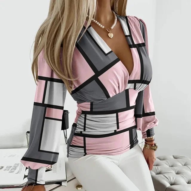 Women's Bodycon V-Neck Satin Blouse - Geometric Pink & Gray