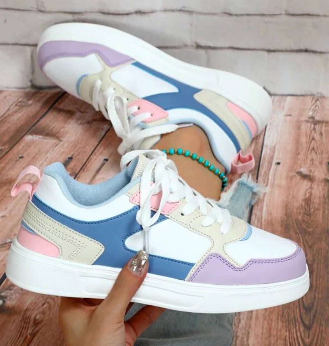 Women's Chunky Faux Leather Platform Lace-Up Trainers - Purple Rainbow
