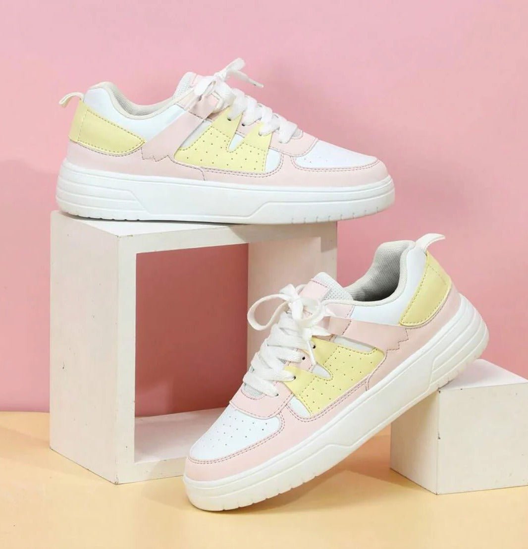 Women's Chunky Faux Leather Platform Lace-Up Trainers - Yellow Rainbow