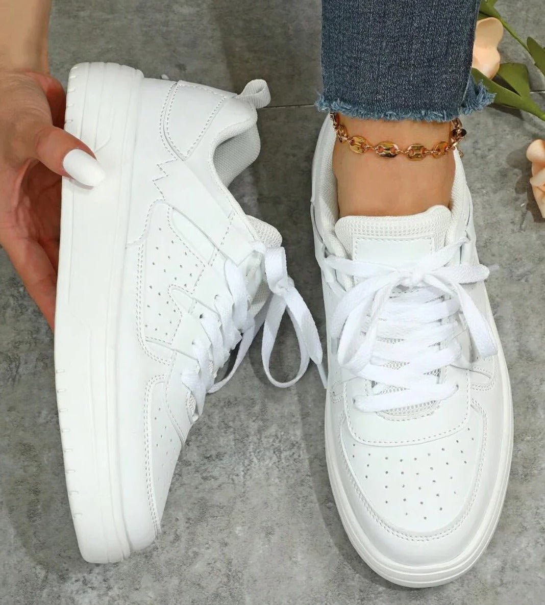Women's Chunky Faux Leather Platform Lace-Up Trainers - White