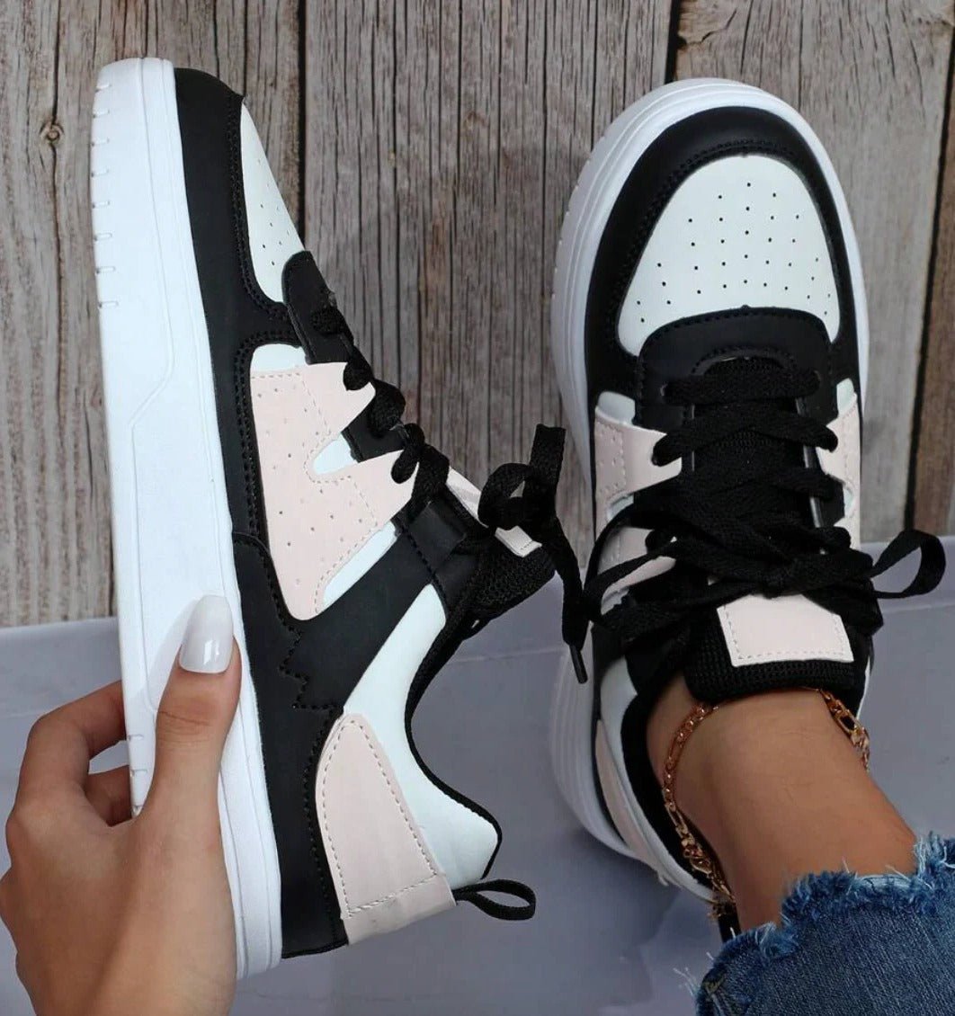 Women's Chunky Faux Leather Platform Lace-Up Trainers - Black-Pink