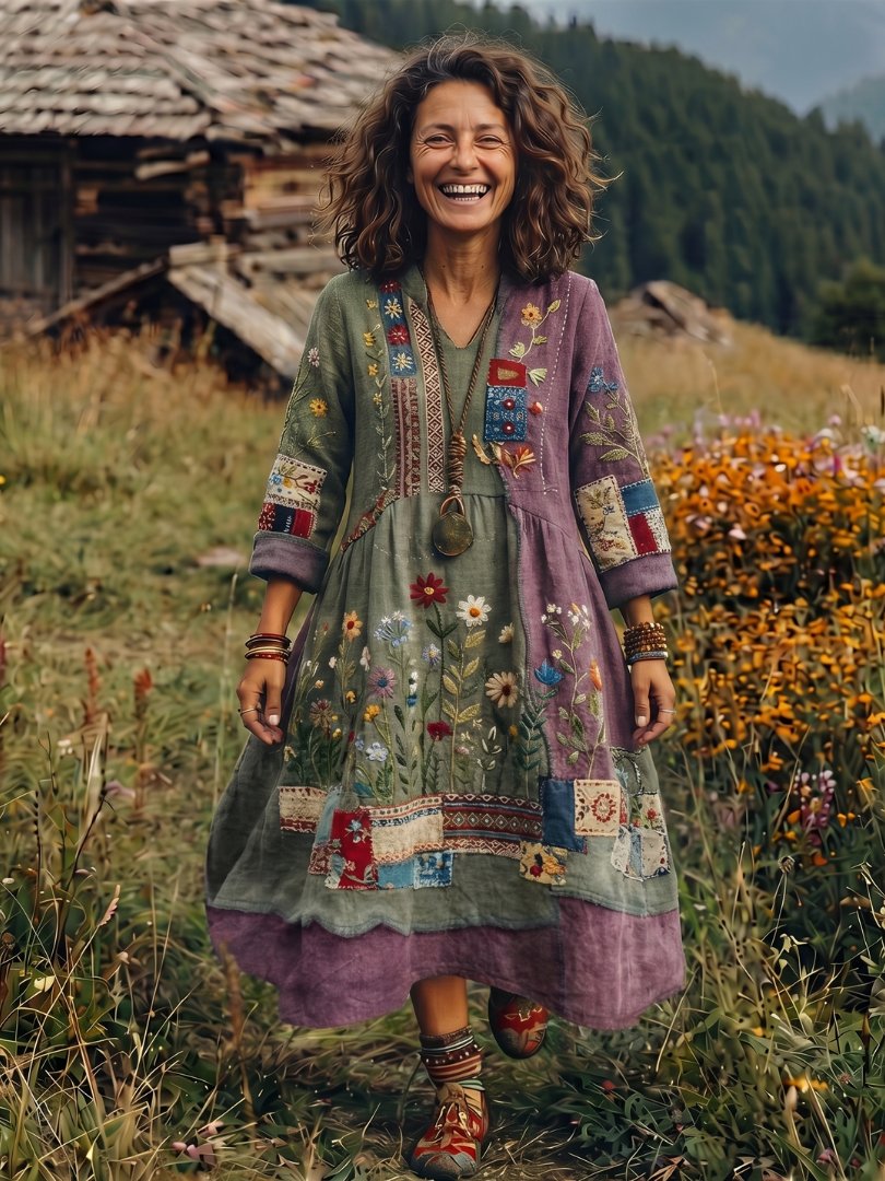 Women's Floral V-Neck Long Sleeve Midi Dress - Green