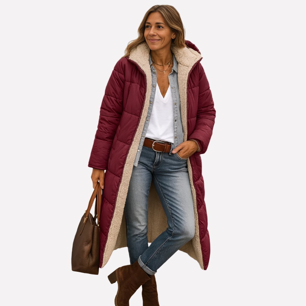 Women's Sherpa-Lined Longline Teddy Puffer Coat - Burgundy