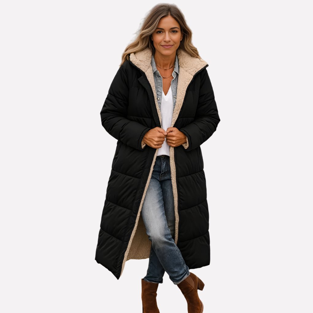 Women's Sherpa-Lined Longline Teddy Puffer Coat - Black