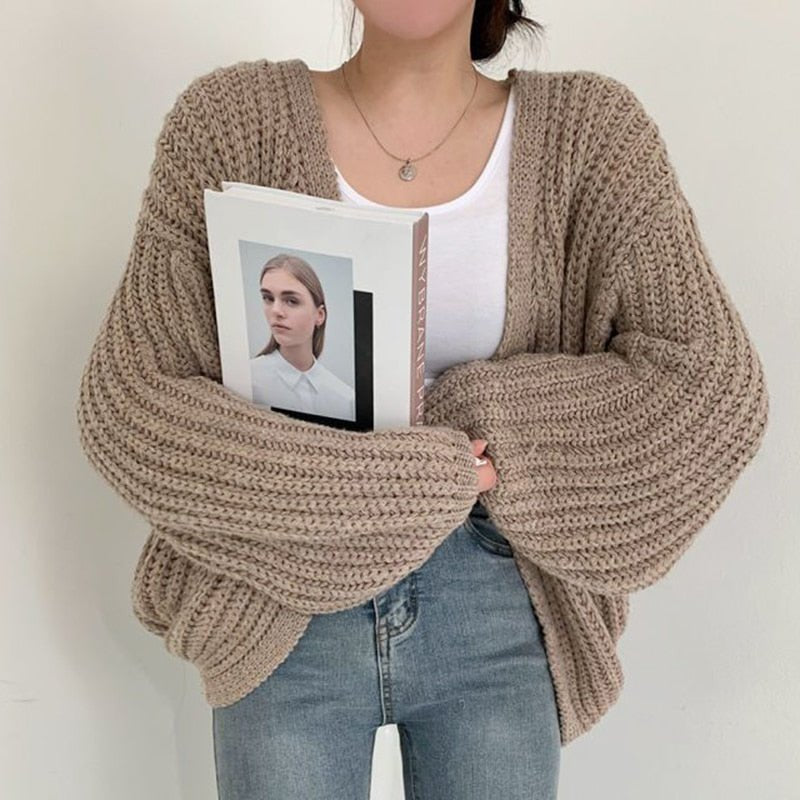 Women's Chunky Oversized Knit Ribbed Wool V-Neck Cardigan - Khaki
